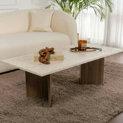 Table basse rectangulaire décor travertin et noyer MARFA