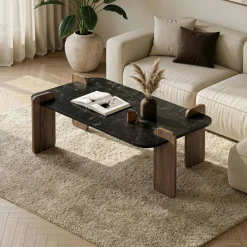Table basse rectangulaire décor marbré noir et noyer MARFA