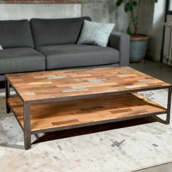 Table basse rectangulaire double plateaux bois recyclée 120x70x35cm CARAVELLE