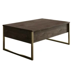 Table basse rectangulaire effet bois foncé, pieds dorés JENA