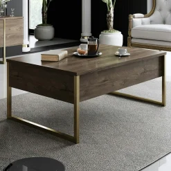 Table basse rectangulaire effet bois foncé, pieds dorés JENA