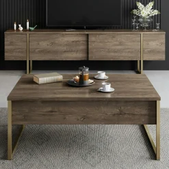 Table basse rectangulaire effet bois foncé, pieds dorés JENA