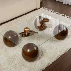 Table basse rectangulaire en verre 4 pieds boule KOCHI