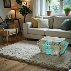 Table basse rectangulaire en métal et verre, turquoise et naturel 88x60x40cm