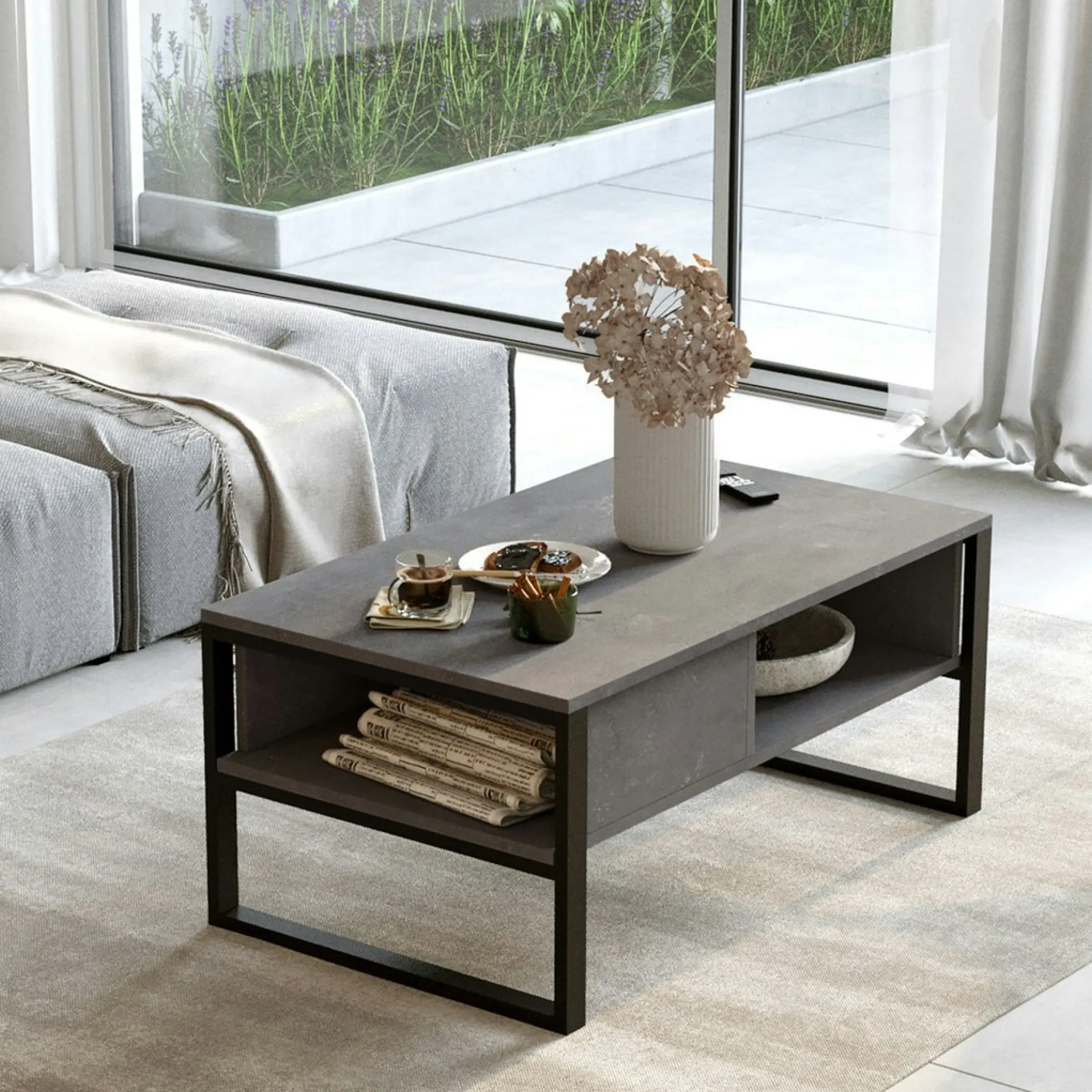 Table basse rectangulaire grise avec niches rangement JENA