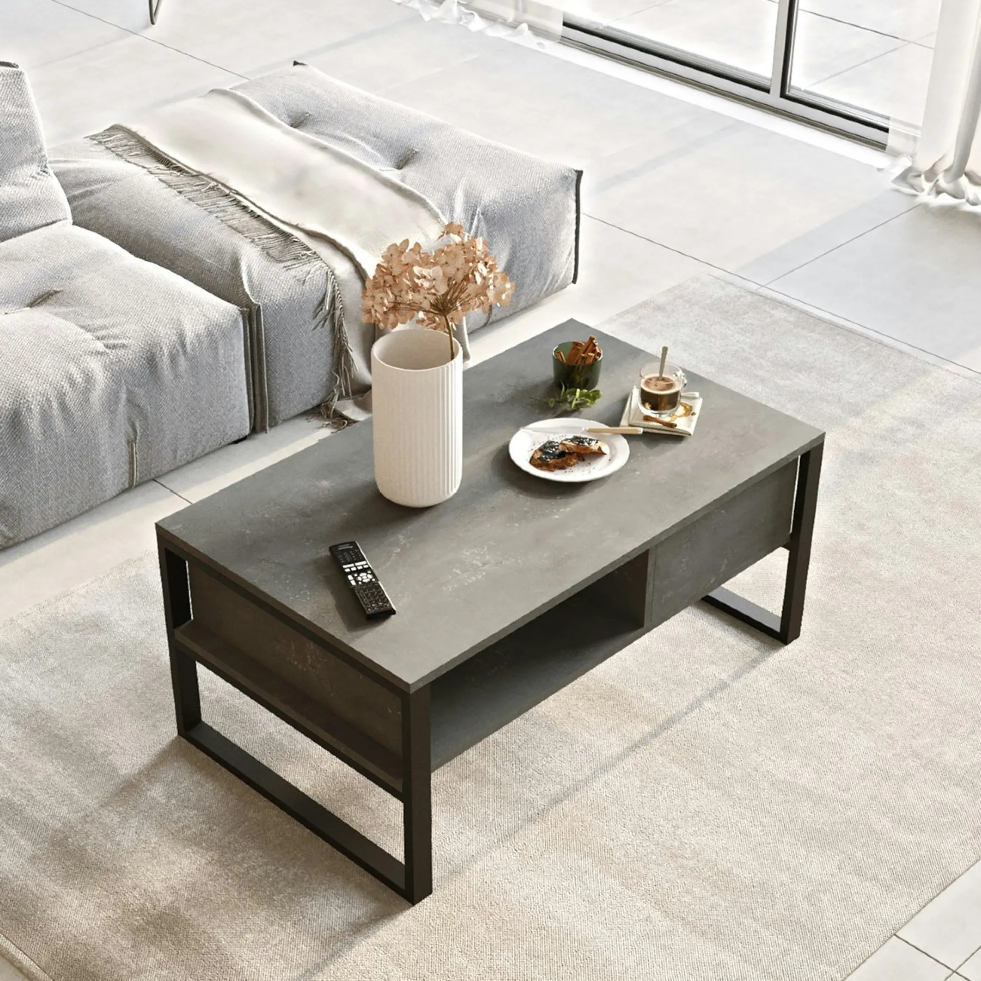 Table basse rectangulaire grise avec niches rangement JENA
