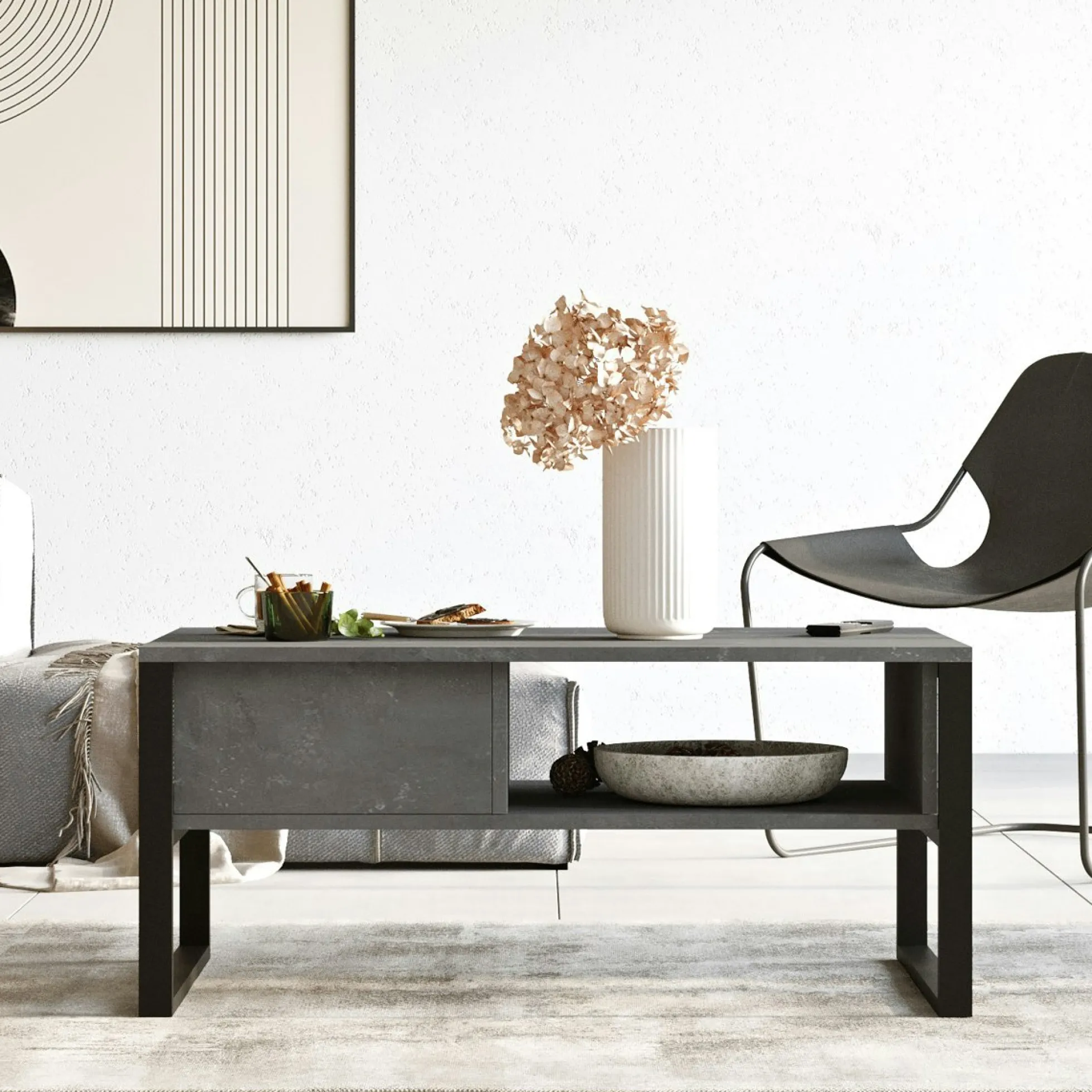 Table basse rectangulaire grise avec niches rangement JENA