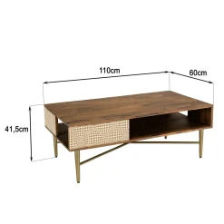 Table basse rectangulaire plateau bois semi ouvert pieds dorés KANHA