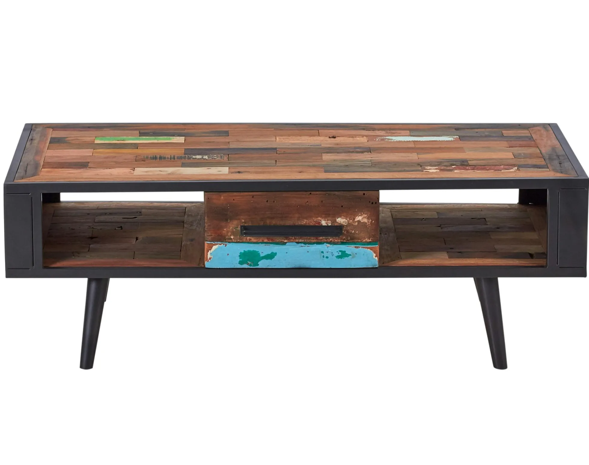 Table basse rectangulaire 1 tiroir 2 niches bois recyclé DRAKKAR