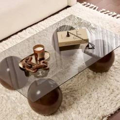Table basse rectangulaire verre fumé 4 pieds boule KOCHI