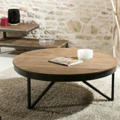 Table basse ronde bois de teck recyclé métal noir grand modèle SWING
