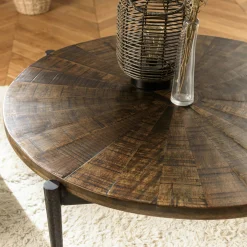 Table basse ronde bois recyclé motif éventail 80 cm KORKAI