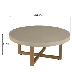 Table basse ronde béton beige pieds bois croisés DIKA