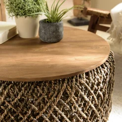 Table basse ronde 70 cm fibre tressée et bois SWING
