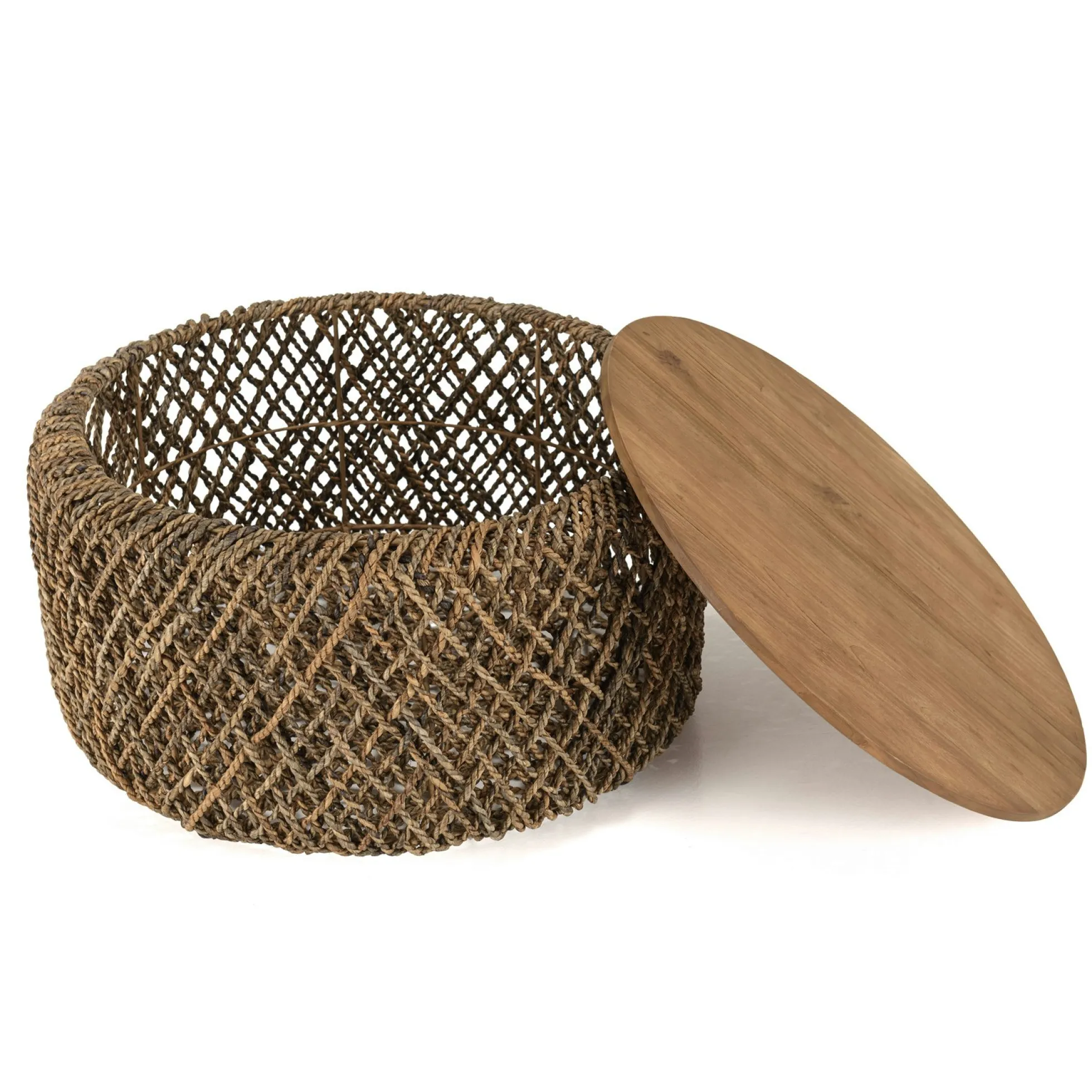 Table basse ronde 70 cm fibre tressée et bois SWING