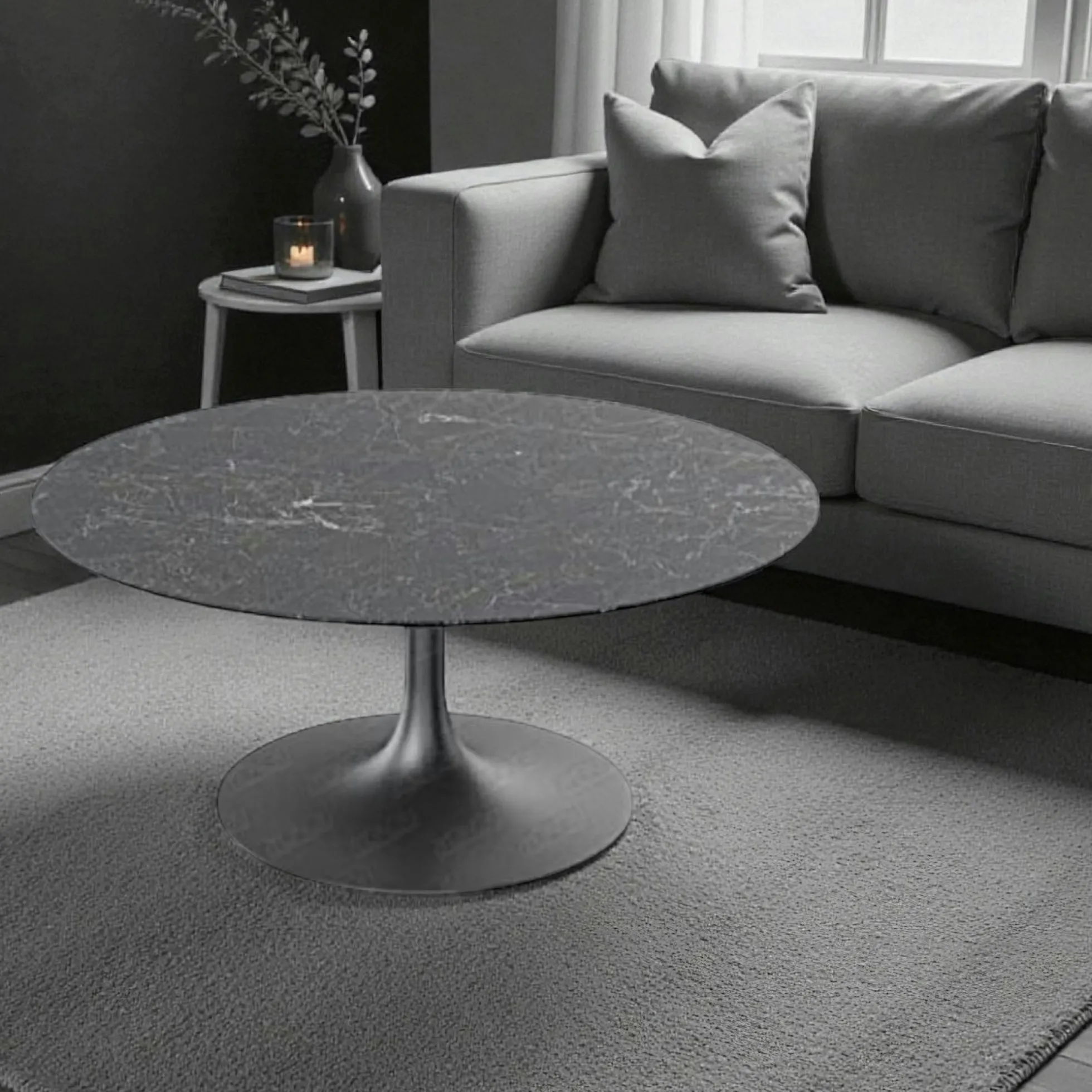 Table basse ronde céramique grise marbrée, pied tulipe LIGURIE