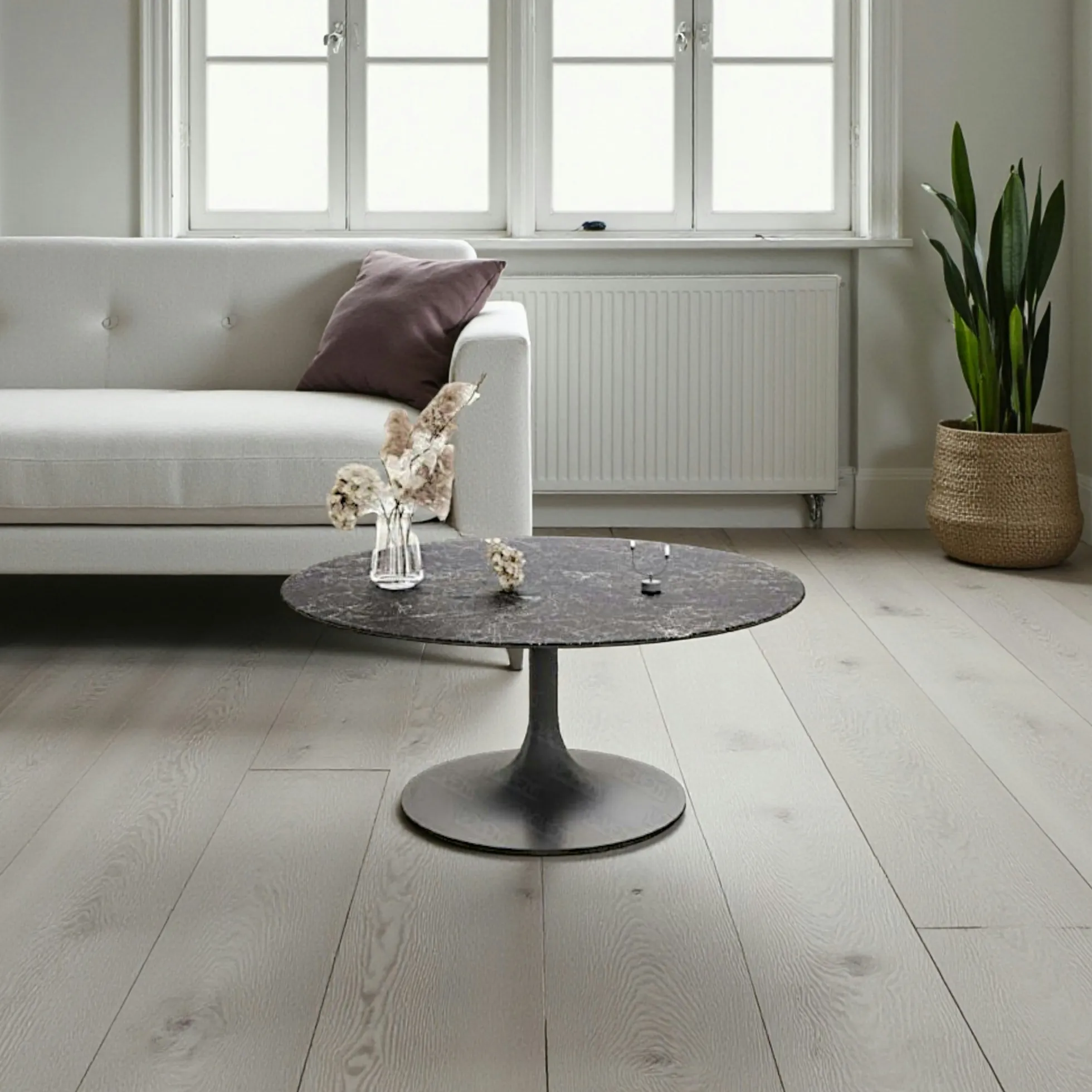 Table basse ronde céramique grise marbrée, pied tulipe LIGURIE