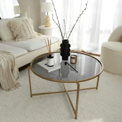 Table basse ronde design - verre fumé & métal doré TULUM