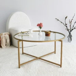 Table basse ronde design - verre & métal doré TULUM