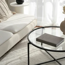 Table basse ronde design - verre & métal noir TULUM