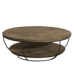 Table basse ronde double plateaux en teck recyclé et métal noir D100xH35cm SWING