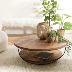 Table basse ronde double plateaux en teck recyclé et métal noir D100xH35cm SWING
