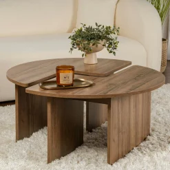 Table basse ronde effet bois de noyer - design puzzle MARFA
