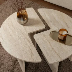 Table basse ronde effet travertin - design puzzle MARFA
