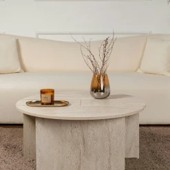 Table basse ronde effet travertin - design puzzle MARFA