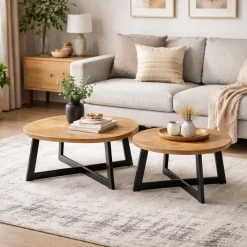 Table basse ronde en bois avec pied en croix (lot de 2) ALMA
