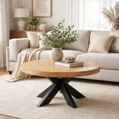 Table basse ronde en bois clair à pied croisé RIVANO