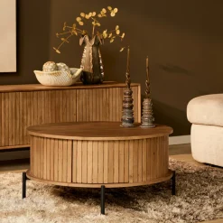 Table basse ronde en bois 2 tiroirs rainurés CORTINA