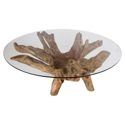 Table basse ronde en racine de teckØ110 cm - plateau verre ARIZONA