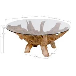 Table basse ronde en racine de teckØ110 cm - plateau verre ARIZONA