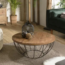 Table basse ronde en teck recyclé et métal D80cm SWING