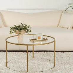 Table basse ronde en verre – cadre doré ⌀80 cm TULUM