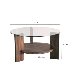 Table basse ronde en verre et bois brun - 2 plateaux ANZIO