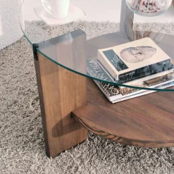 Table basse ronde en verre et bois brun - 2 plateaux ANZIO
