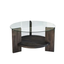Table basse ronde en verre et bois foncé - 2 plateaux ANZIO