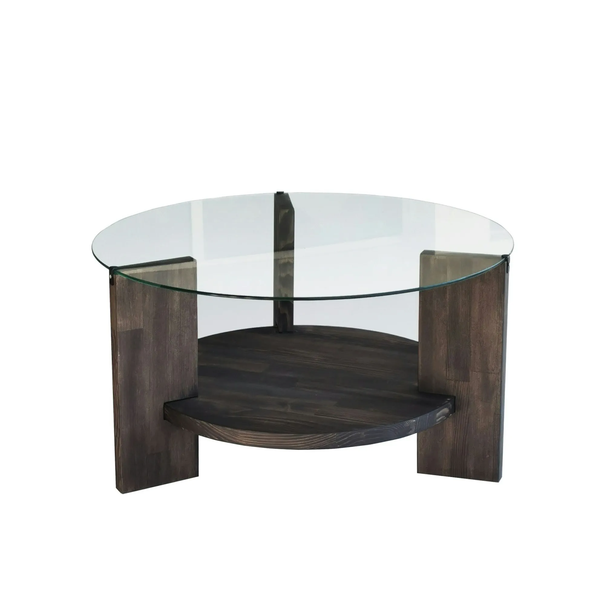 Table basse ronde en verre et bois foncé - 2 plateaux ANZIO