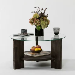 Table basse ronde en verre et bois foncé - 2 plateaux ANZIO