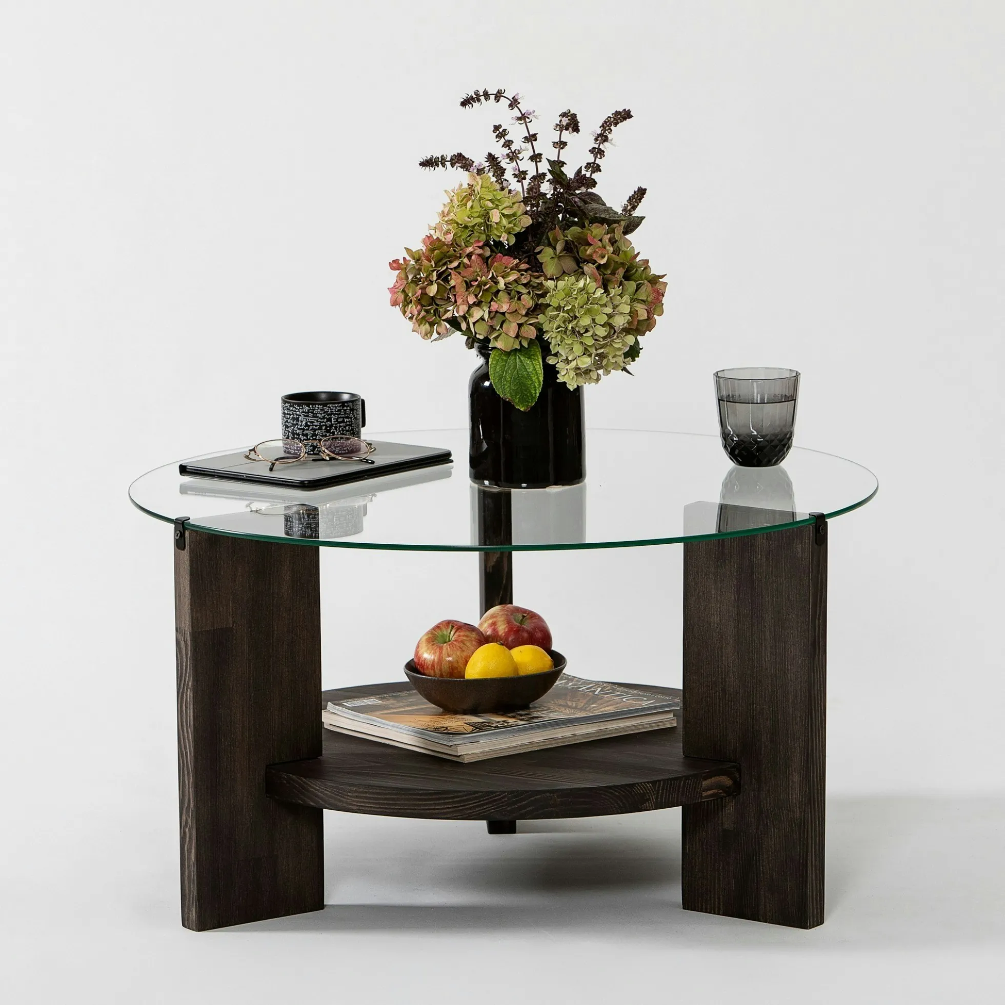 Table basse ronde en verre et bois foncé - 2 plateaux ANZIO