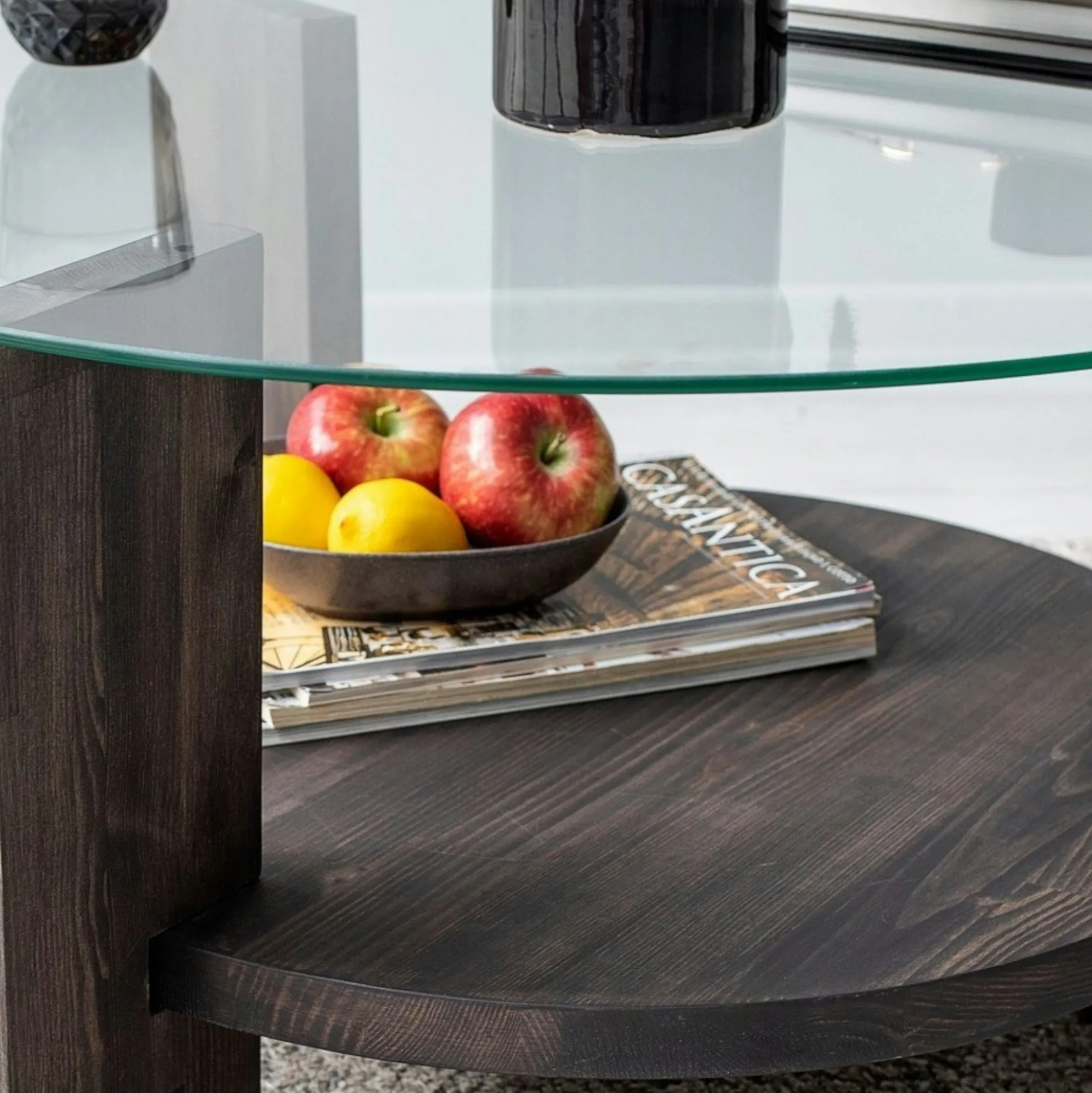 Table basse ronde en verre et bois foncé - 2 plateaux ANZIO