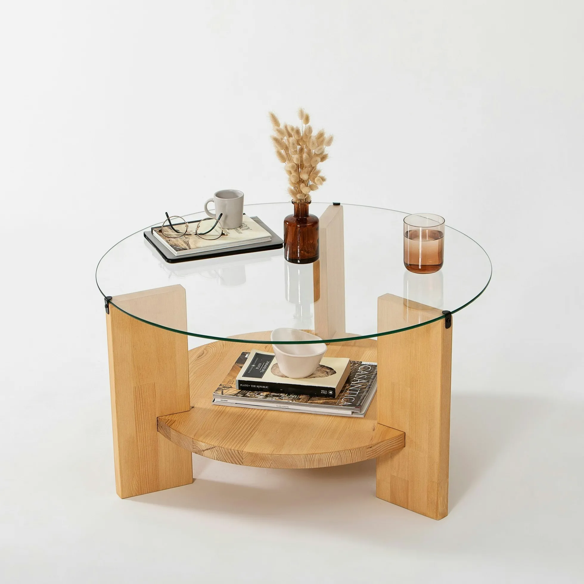 Table basse ronde en verre et bois clair - 2 plateaux ANZIO