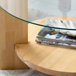 Table basse ronde en verre et bois clair - 2 plateaux ANZIO