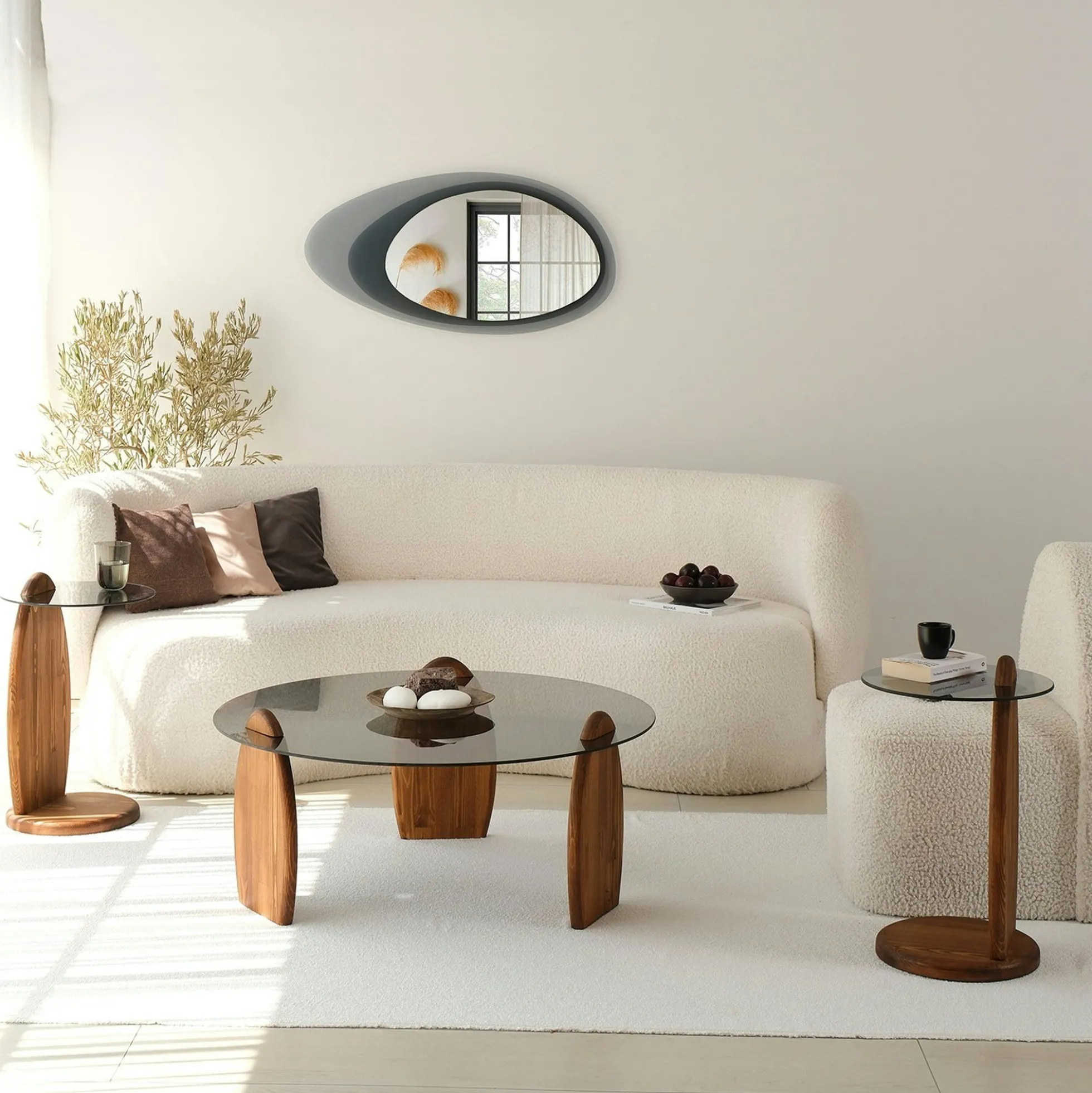 Table basse ronde en verre fumé - 3 pieds bois brun ANZIO