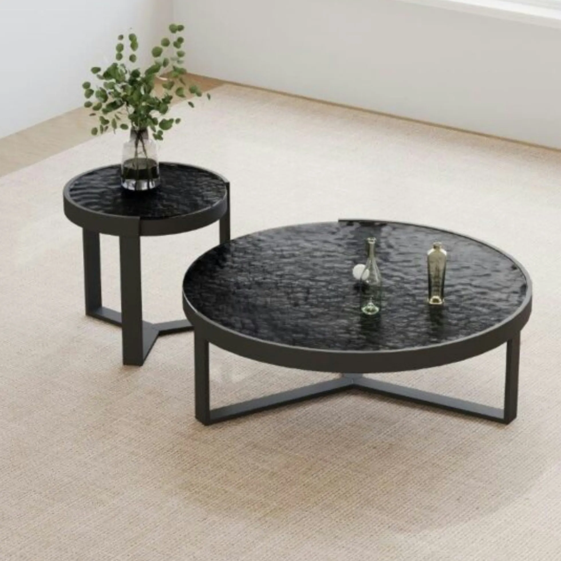 Table basse ronde en verre noir ondulé (lot de 2) LIGURIE