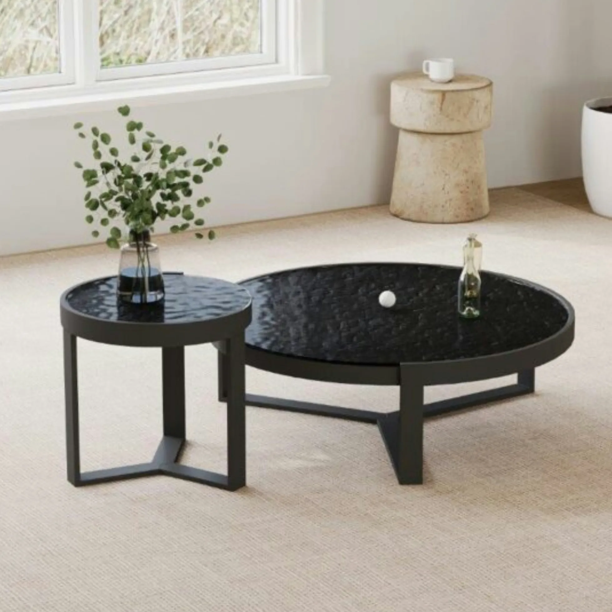 Table basse ronde en verre noir ondulé (lot de 2) LIGURIE