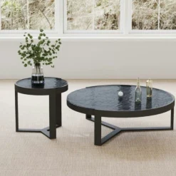 Table basse ronde en verre noir ondulé (lot de 2) LIGURIE