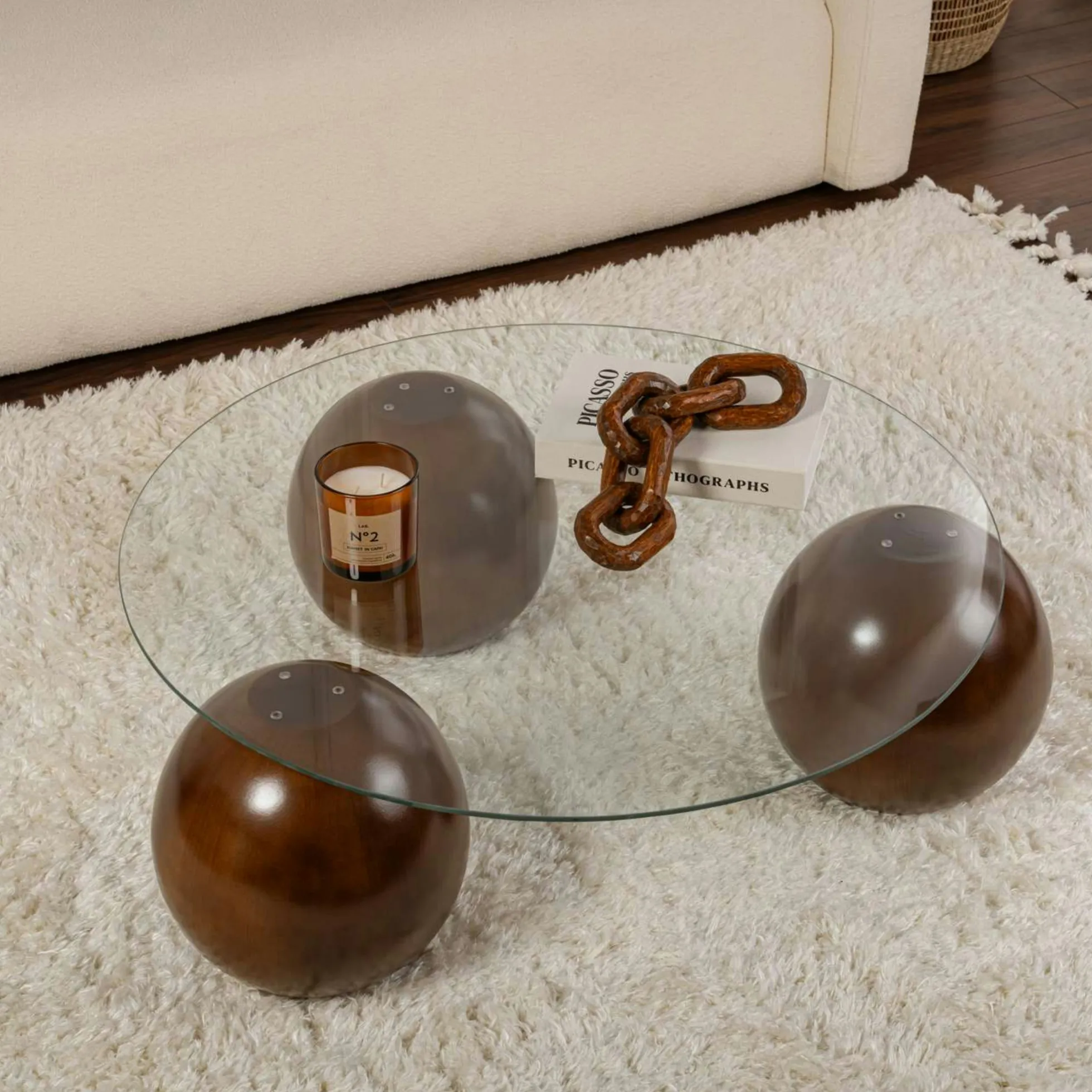Table basse ronde en verre 3 pieds boule KOCHI